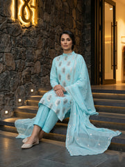SEAFORM GREEN Chiffon Embroidered 3Pc Suit (Unstitched)