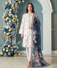 WHITE FLORAL & MIDNIGHT BLUE WITH MULTI FLORAL Digital Printed 3Pc suit with Luxury Voile Dupatta(Unstitched)