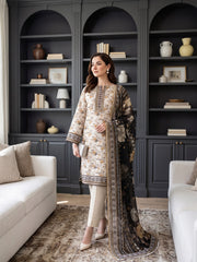 BASE LIGHT CREAM WITH MULTI  Printed Premium Lawn with Voile Dupatta 3pc Suit (Unstitched)