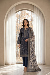 BLUE WITH BEIGE & GRAY Digital Printed Premium Lawn 3pc Suit (Unstitched)