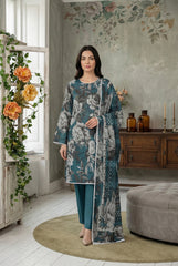 BASE TEAL BLUE WITH LIGHT GRAY & BLACK Premium Swiss Voile 3 PC Printed Suit (Unstitched)