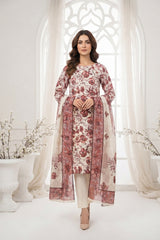 ROSE, WHITE WITH WINE Digital Printed 3Pc suit with Luxury Voile Dupatta(Unstitched)