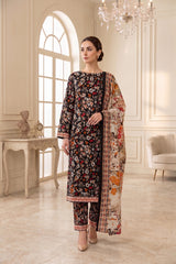 MULTI FLORAL PRINT  WITH BLACK PRINTED LAWN SUIT WITH VOILE DUPATTA 3Pc (Unstitched)
