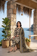 BLACK WHITE WITH LIME YELLOW  PRINTED LAWN SUIT WITH VOILE DUPATTA 3Pc (Unstitched)