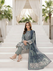 SHALE GREEN & BLUE Digital Printed 3Pc suit with Luxury Voile Dupatta(Unstitched)