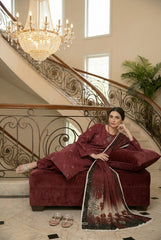 SOFT MAROON GRAY & BROWN Printed Full Suit with Luxury ZARI Dupatta 3pc (Unstitched)