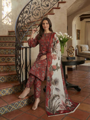MAROON WITH MULTI PRINT Premium Quality Lawn 3pc Suit with Diamond Doria Dupatta (Unstitched)