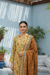 BASE GOLDEN SKIN WITH MULTI PRINT 3pc Premium Doria linen suit with linen dupatta (Unstitched)