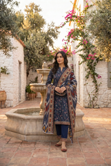 MIDNIGT BLUE WITH MULTI PRINT Bana Dora Lawn Shirt with Plain dyed Trouser with Luxury Lawn Voile Dupatta 3Pc.(Unstitched)