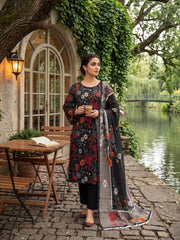 BLACK WITH MULTI Digital Printed Premium Lawn Suit with Voile Dupatta 3pc (Unstitched)