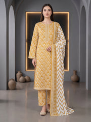 PRIM MUSTARD YELLOW WITH WHITE  PRINTED LAWN SUIT WITH VOILE DUPATTA 3Pc (Unstitched)