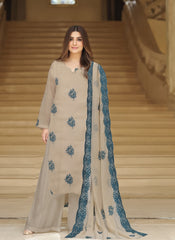 BEIGE & TEAL BLUE Chiffon Embroidered 3Pc Suit (Unstitched)