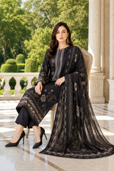 BLACK,GREEN & CREAM Premium Classic Lawn 3pc Suit with Light Weight Voile Dupatta (Unstitched)