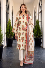 DARK CREAM WITH MULTI Premium Digital Lawn 3pc Suit with Light Weight Digital VOILE Dupatta (Unstitched)