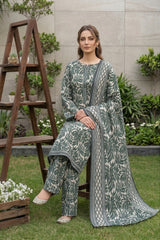 FOREST GREEN & IVORY PRINTED LAWN SUIT WITH VOILE DUPATTA 3Pc (Unstitched)