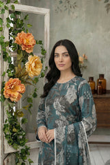 BASE TEAL BLUE WITH LIGHT GRAY & BLACK Premium Swiss Voile 3 PC Printed Suit (Unstitched)