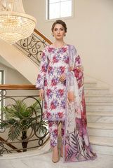 WHITE FLORAL WITH MULTI PRINT Printed Full Suit with Luxury ZARI Dupatta 3pc (Unstitched)