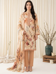 BEIGE WITH MULTI Digital Printed Premium Lawn with Light weight Voile Dupatta 3pc Suit (Unstitched)