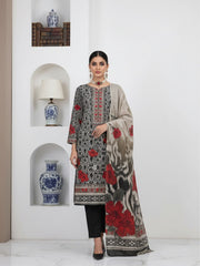 BASE LIGHT IVORY WITH BLACK GREEN & MAROON Floral Digital Printed 3Pc suit with Luxury Voile Dupatta(Unstitched)