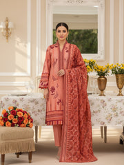 DUSTY ORANGE WITH  PURPLE VIOLET & BURNT ORANGE Premium Slub Lawn 3pc Suit with Light Weight Voile Dupatta (Unstitched)