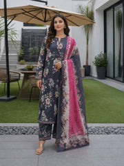 BLACK WITH MULTI FLORAL DIGITAL PRINTED PREMIUM LAWN WITH FANCY DIAMOND DUPATTA 3Pc Suit (Unstitched)