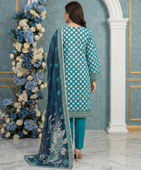 DEEP SEA GREEN & CREAM Digital Printed 3Pc suit with Luxury Voile Dupatta(Unstitched)