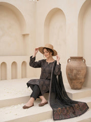 BLACK WITH MULT PRINT Digital Printed Premium Lawn with Light weight Voile Dupatta 3pc Suit (Unstitched)