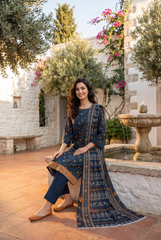 CLASSIC BLUE WITH MULTI PRINT Bana Dora Lawn Shirt with Plain dyed Trouser with Luxury Lawn Voile Dupatta 3Pc.(Unstitched)