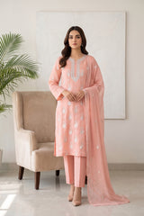 BLUSHING PEACH Chiffon Embroidered 3Pc Suit (Unstitched)