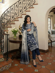 MIDNIGHT BLUE & LIGHT GRAY Digital Printed 3Pc suit with Luxury Voile Dupatta(Unstitched)