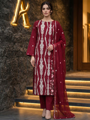 BURN RED Chiffon Embroidered with Silver Tilla work 3Pc Suit (Unstitched)