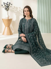 BOTTLE GREEN WITH WHITE BLOCK PRINTED Premium Classic Lawn 3pc Suit with Light Weight Voile Dupatta (Unstitched)