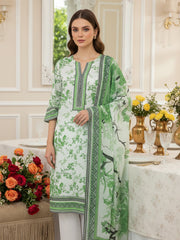 BASE TEA GREEN WITH BLACK & FOREST GREEN Premium Slub Lawn 3pc Suit with Light Weight Voile Dupatta (Unstitched)