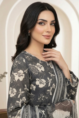 BLACK WITH CLOUD GRAY Printed Premium Lawn Full Suit 3pc Suit (Unstitched)