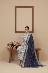 BASE WHITE WITH PURPLE PRINT 3pc Premium Doria linen suit with linen dupatta (Unstitched)