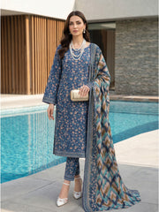 COBALT BLUE WITH MULTI  PRINTED LAWN SUIT WITH VOILE DUPATTA 3Pc (Unstitched)