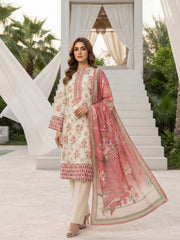 BASE PASTEL CREAM WITH MULTI Digital Printed 3Pc suit with Luxury Voile Dupatta(Unstitched)