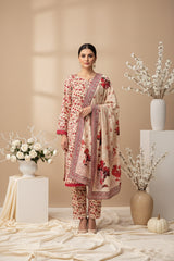 BASE BANANA YELLOW WITH RED PINK PRINT 3pc Premium Doria linen suit with linen dupatta (Unstitched)