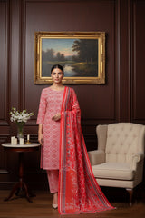STRAWBERRY RED Khaddar Printed Suit with Khaddar Printed Dupatta 3pc Unstitched
