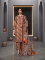 BASE ASH GRAY WITH ORANGE BROWN  PRINTED LAWN SUIT WITH VOILE DUPATTA 3Pc (Unstitched)