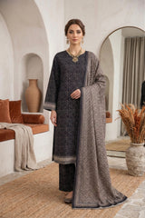 BLACK & CREAM GREY PRINTED LAWN SUIT WITH VOILE DUPATTA 3Pc (Unstitched)