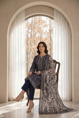 BLUE WITH BEIGE & GRAY Digital Printed Premium Lawn 3pc Suit (Unstitched)