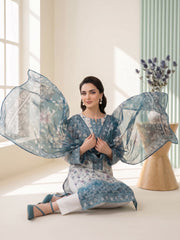 SHIPHIRE BLUE, WARM IVORY WITH MULTI Digital Printed Premium Lawn with Light weight Voile Dupatta 3pc Suit (Unstitched)