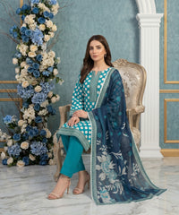 DEEP SEA GREEN & CREAM Digital Printed 3Pc suit with Luxury Voile Dupatta(Unstitched)
