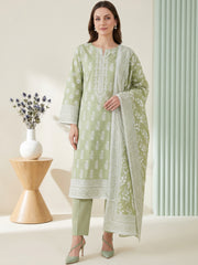 SAGE GREEN WITH WHITE BLOCK PRINTED Premium Classic Lawn 3pc Suit with Light Weight Voile Dupatta (Unstitched)