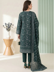BOTTLE GREEN WITH WHITE BLOCK PRINTED Premium Classic Lawn 3pc Suit with Light Weight Voile Dupatta (Unstitched)