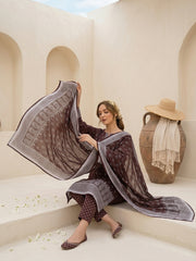 WINE WITH WHITE Block Printed Premium Lawn with Light weight Voile Dupatta 3pc Suit (Unstitched)