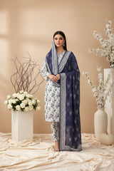 BASE WHITE WITH PURPLE PRINT 3pc Premium Doria linen suit with linen dupatta (Unstitched)