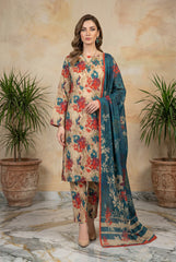 TEAL BLUE WITH MULTI PRINT Printed Full Suit with FANCY ZARI Dupatta 3pc (Unstitched)