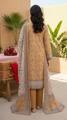 DARK MUSTURD & CREAM Premium Swiss Voile 3 PC Printed Suit (Unstitched)